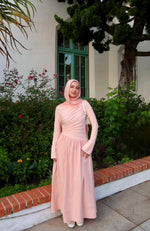 Load image into Gallery viewer, Crepe Blush Asymmetric Draped Dress
