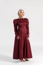 Load image into Gallery viewer, Burgundy Puff Sleeve Lace Up Dress
