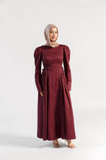 Load image into Gallery viewer, Burgundy Puff Sleeve Lace Up Dress
