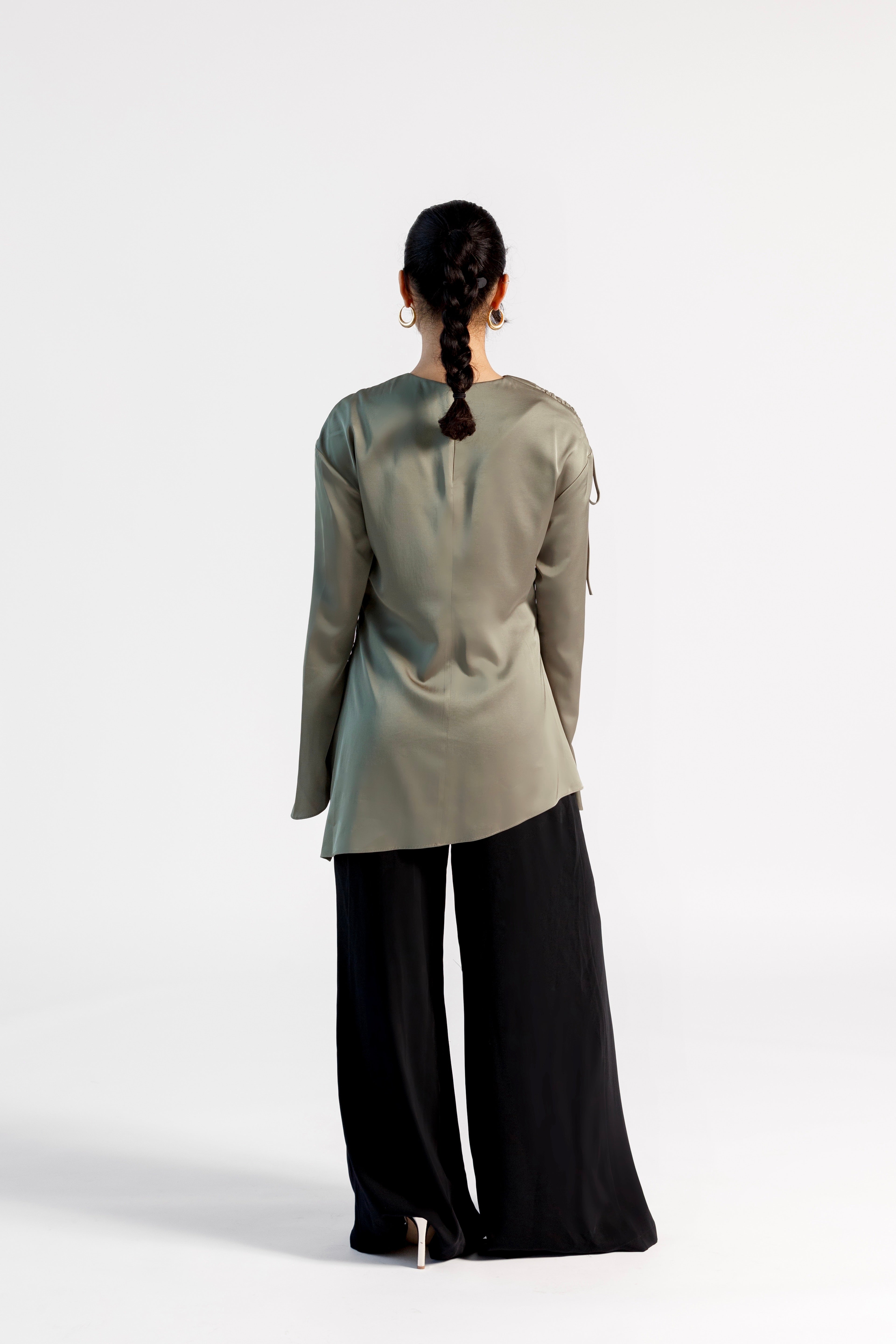 Olive Green Satin Ruched Tunic