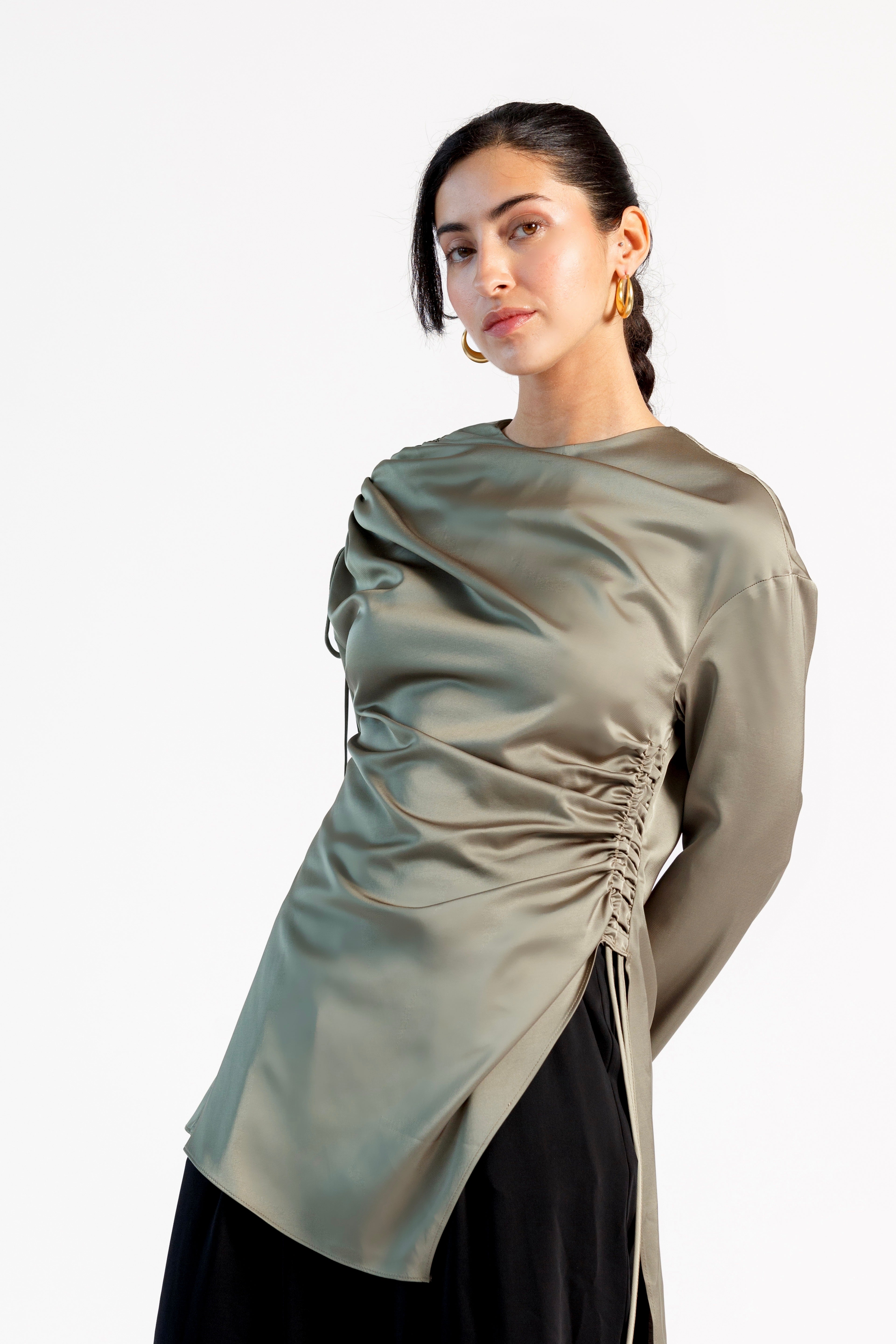 Olive Green Satin Ruched Tunic