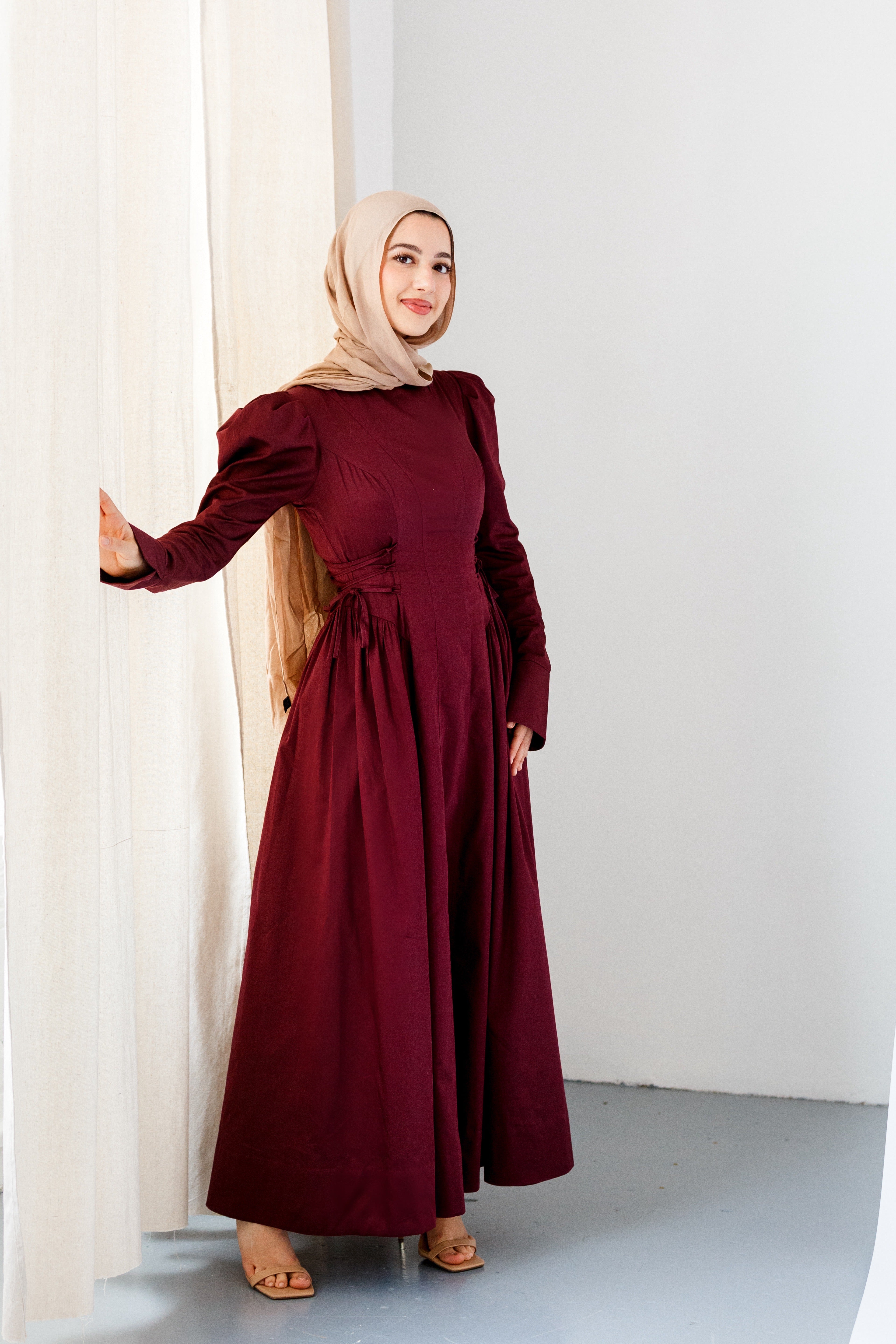 Burgundy Puff Sleeve Lace Up Dress