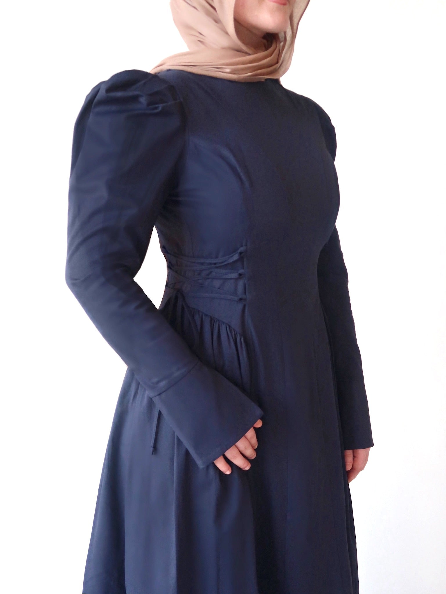 Navy Puff Sleeve Lace Up Dress