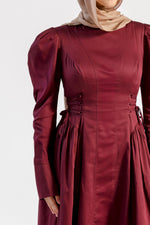 Load image into Gallery viewer, Burgundy Puff Sleeve Lace Up Dress
