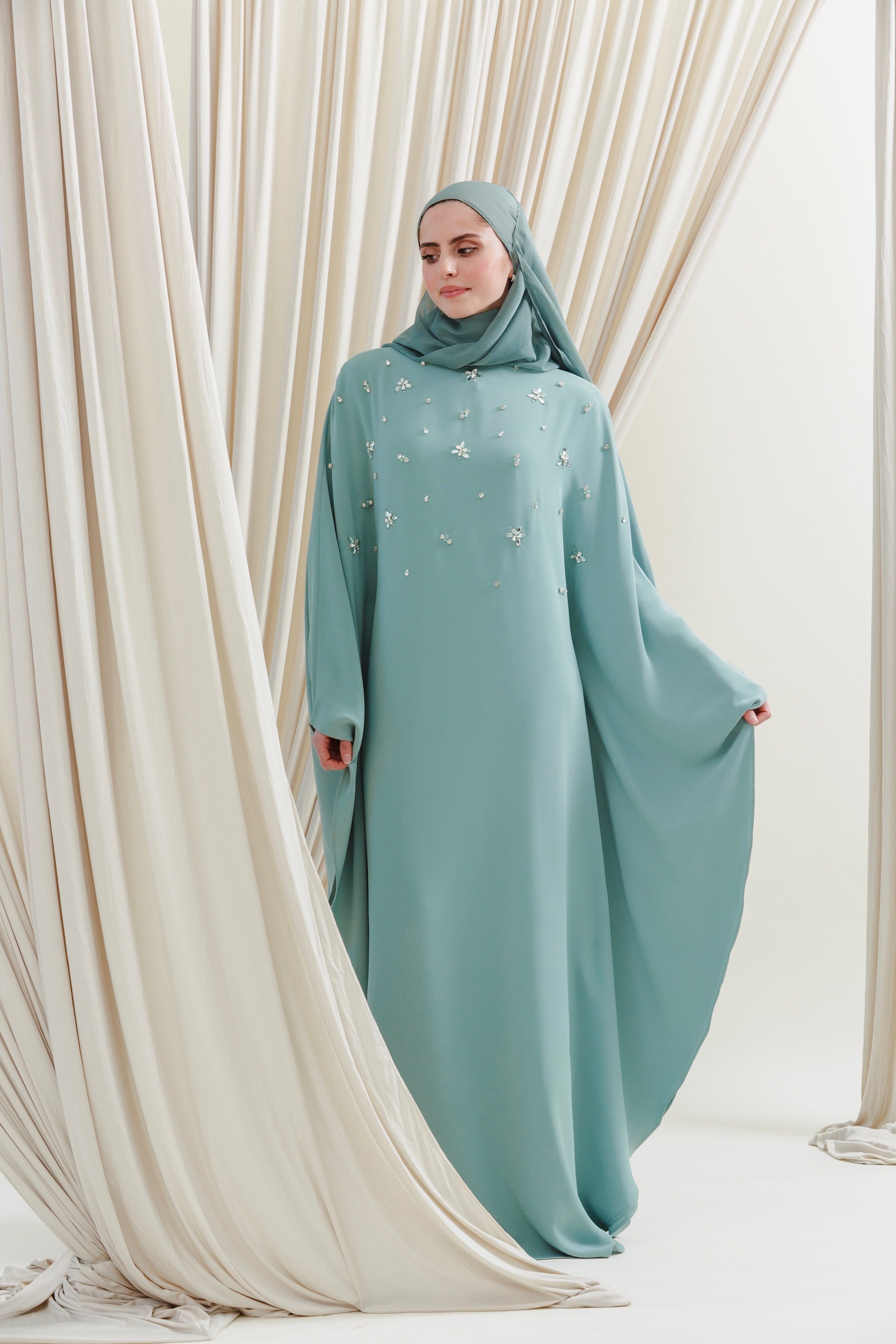 Sea Green Beaded Kaftan Gown