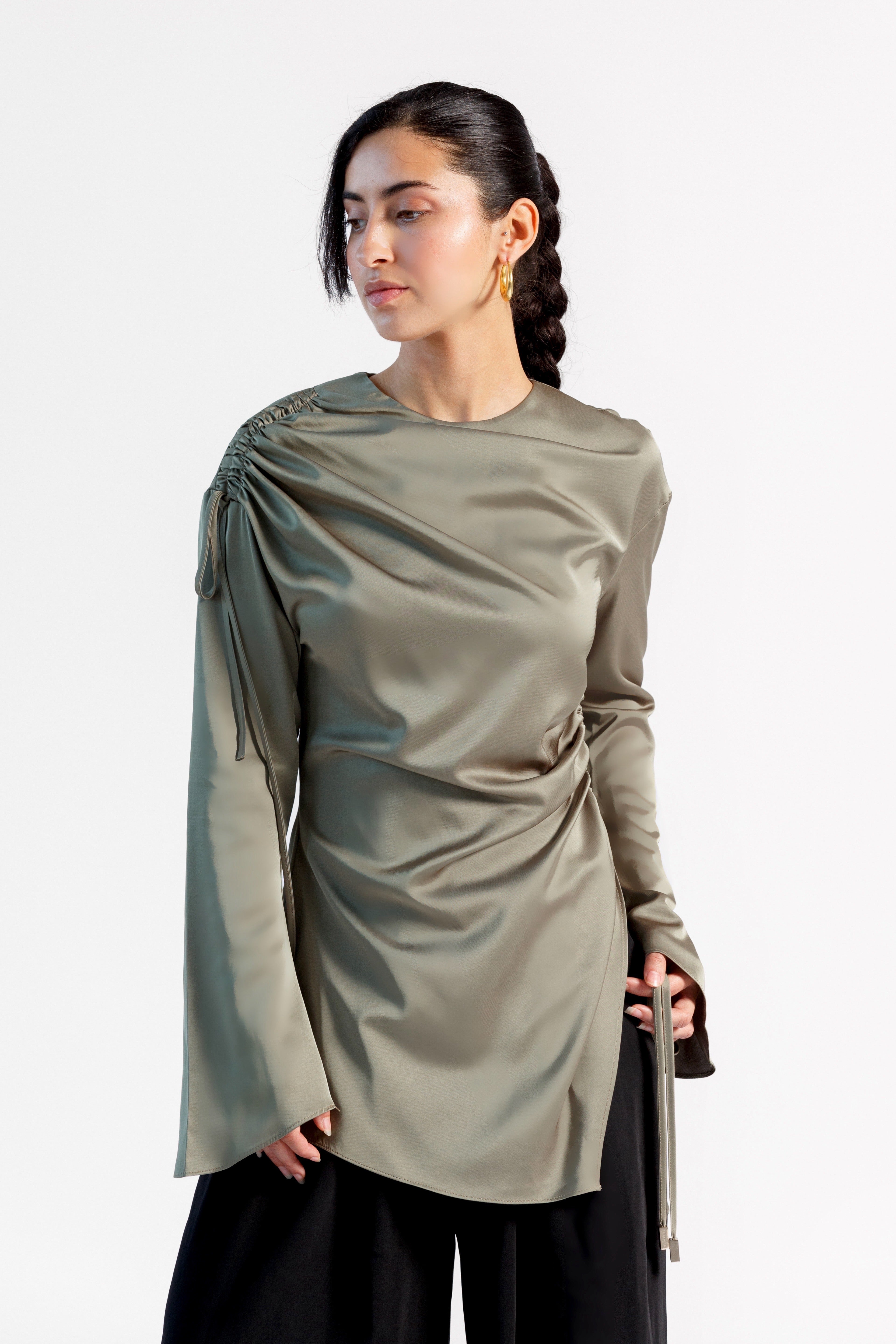 Olive Green Satin Ruched Tunic