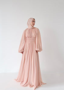 Peachy Blush Kaftan Beaded Belt Gown