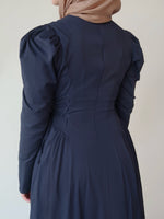 Load image into Gallery viewer, Navy Puff Sleeve Lace Up Dress
