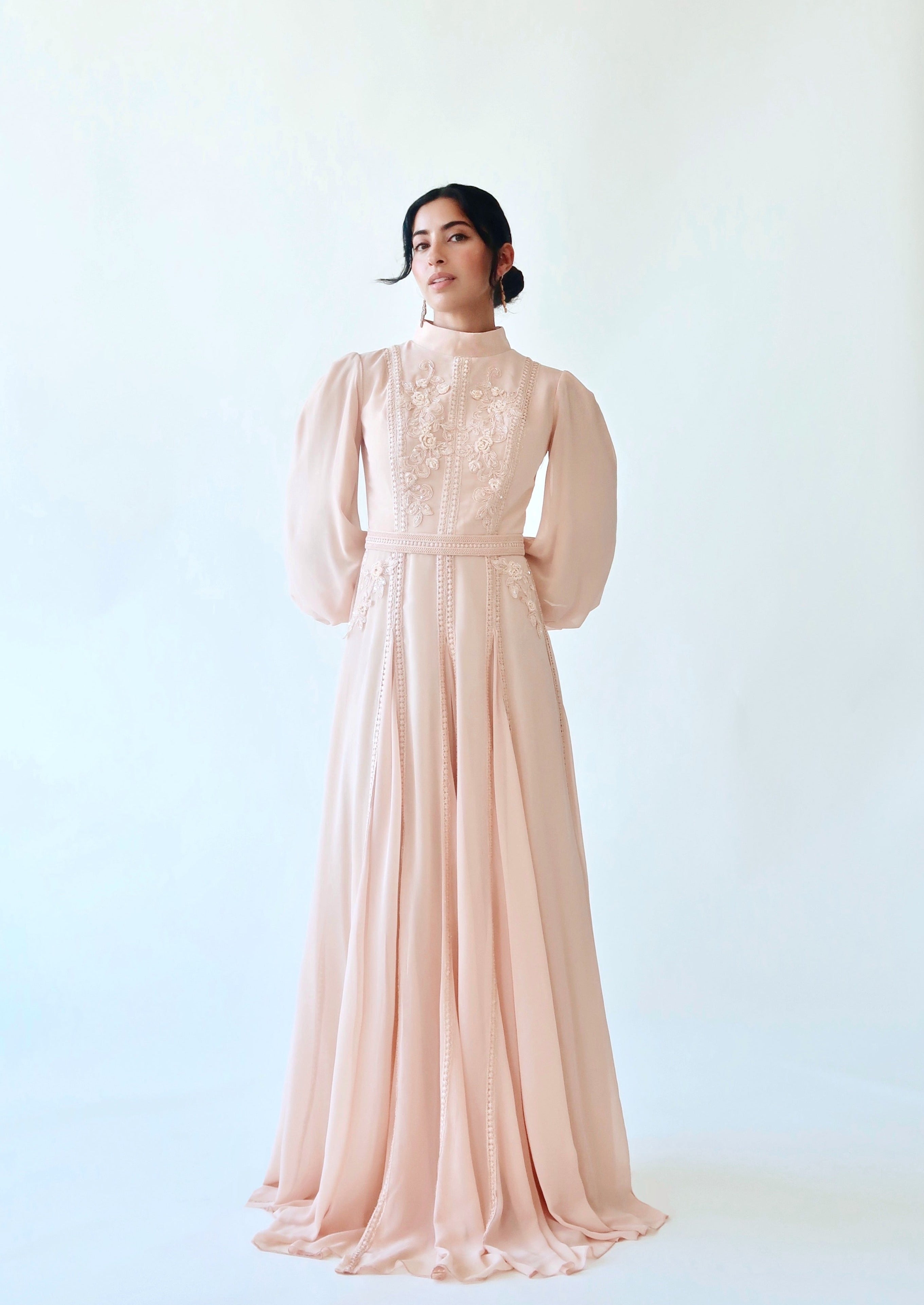 Peachy Blush Beaded Appliqué Gown