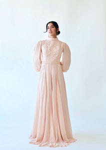 Peachy Blush Beaded Appliqué Gown