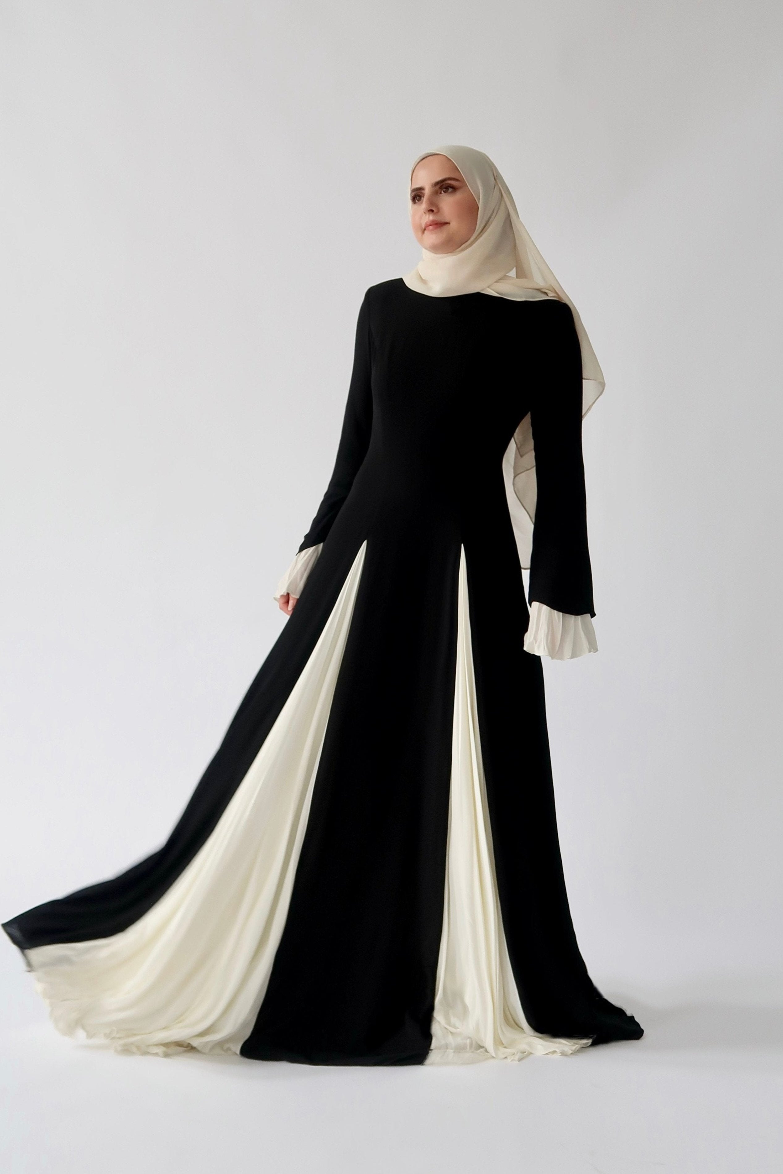 Black Cream Pleated Slit Gown Hijabi Modest Evening Gowns in USA Summer Evenings