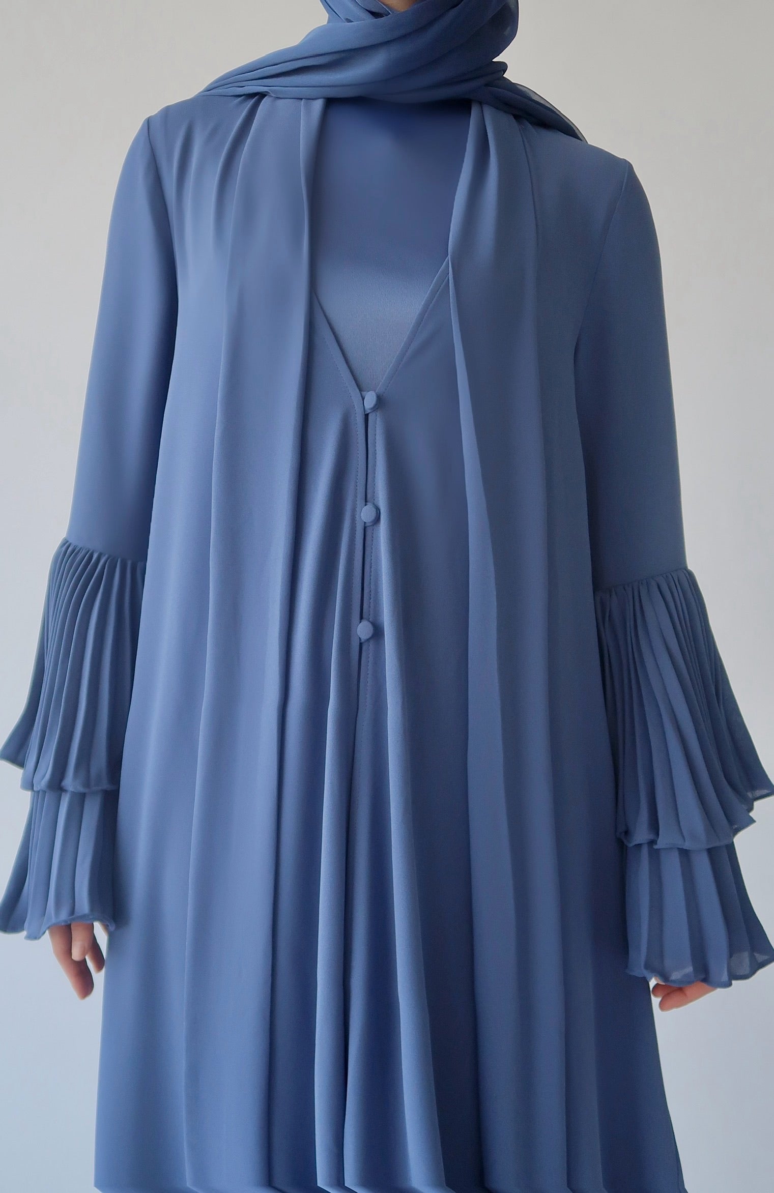 Denim Blue Pleated Sleeve Abaya