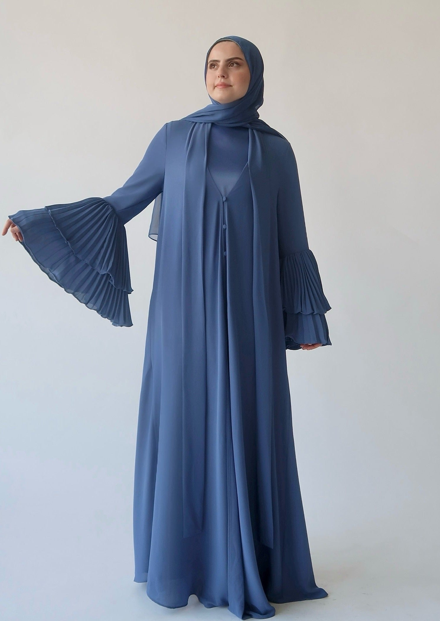 Denim Blue Pleated Sleeve Abaya