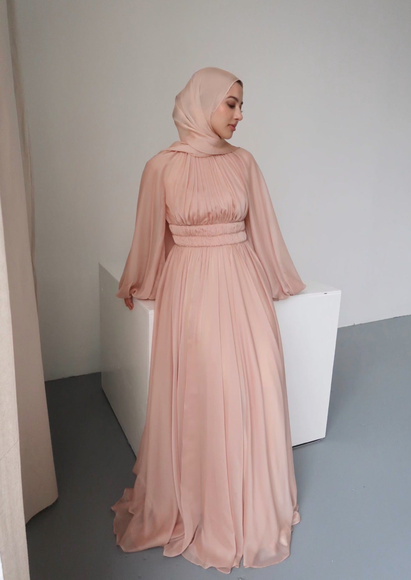 Peachy Blush Kaftan Beaded Belt Gown