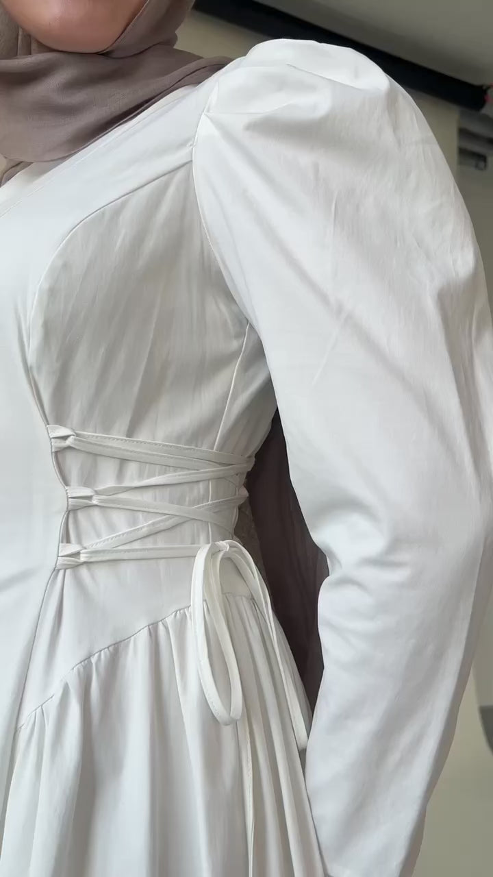 White Puff Sleeve Lace Up Dress