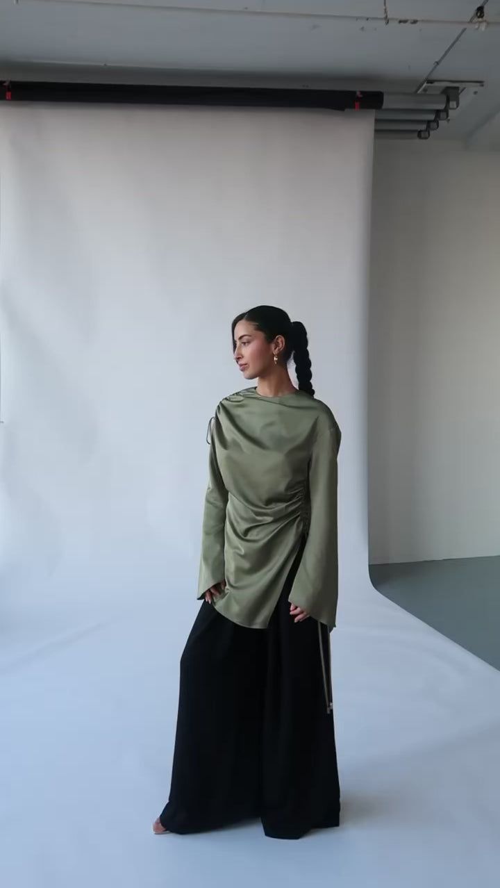 Olive Green Satin Ruched Tunic